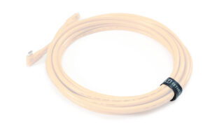 Coiled orange data cable with two rectangular connectors at each end, secured by a black Velcro strap labeled 'ITH'.