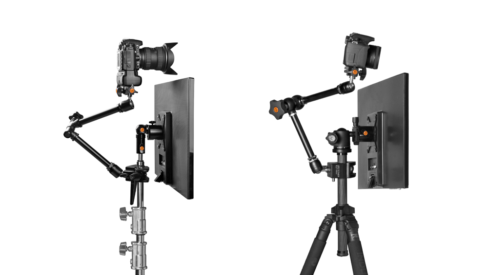 A photobooth kit mounted on a c stand to the left and mounted on a tripod to the right