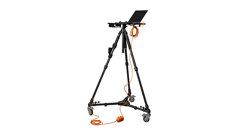 A tripod roller connected to a table setup for a mobile workstation
