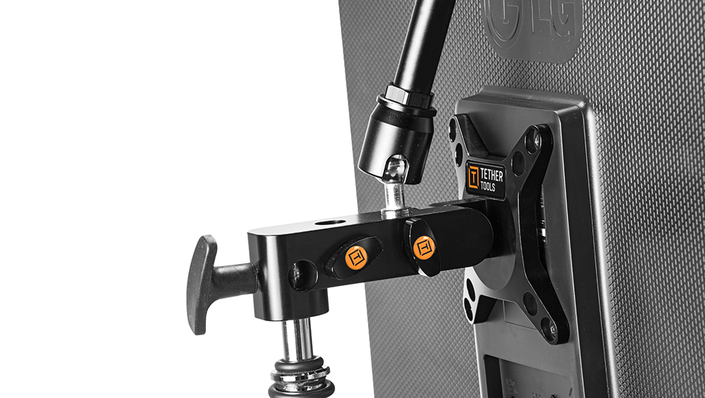 Rock Solid VESA Studio Monitor Mount for stands mounted on a c stand with a monitor attached