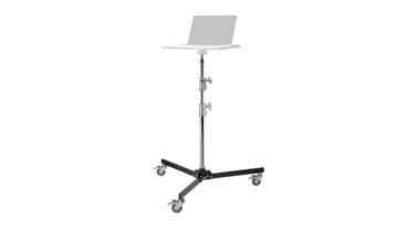 Portable rolling laptop stand with an adjustable vertical pole and four caster wheels, supporting an open laptop on a small top platform.