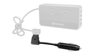 White multi-outlet power strip connected to a car cigarette lighter adapter, for vehicle power.