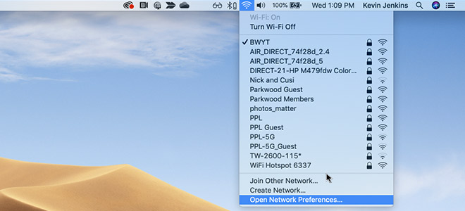 open network preferences in top navigation bar on mac