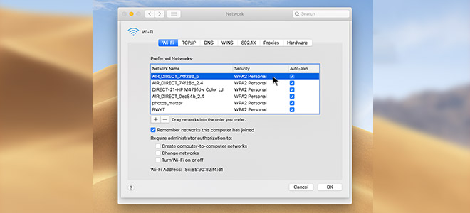 Drag the Air Direct network to the top of the preferred wireless network lists