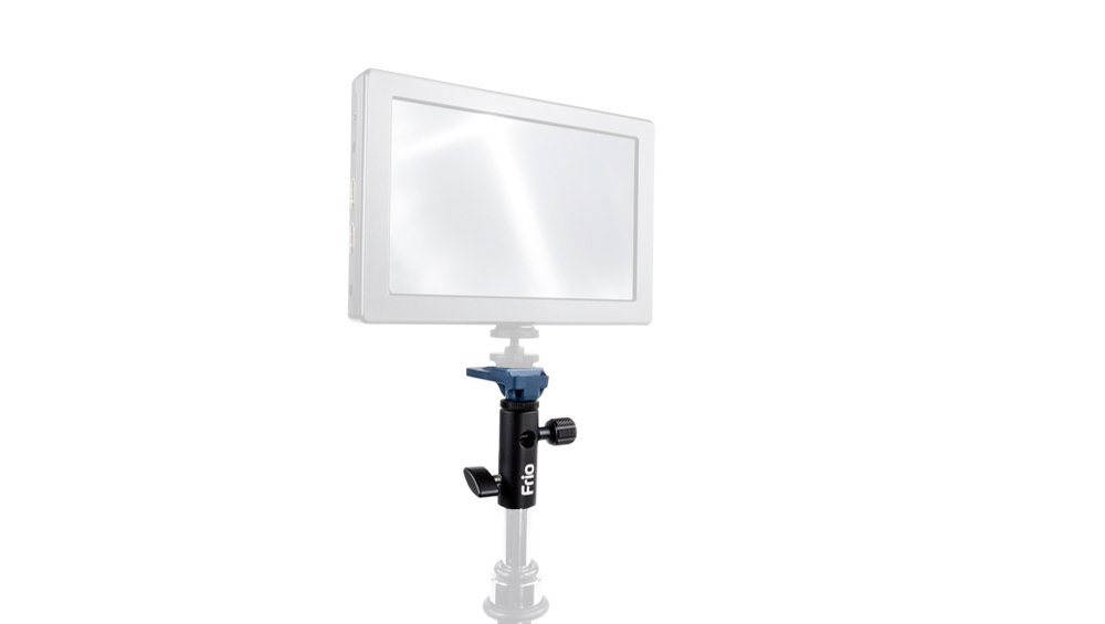 Portable monitor mounted on an adjustable stand with a blue clamp and knob, ready for filming or desktop use.