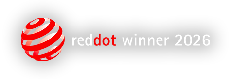 Red Dot winner 2026 badge with red spherical logo and 'reddot winner 2026' text on a black background.